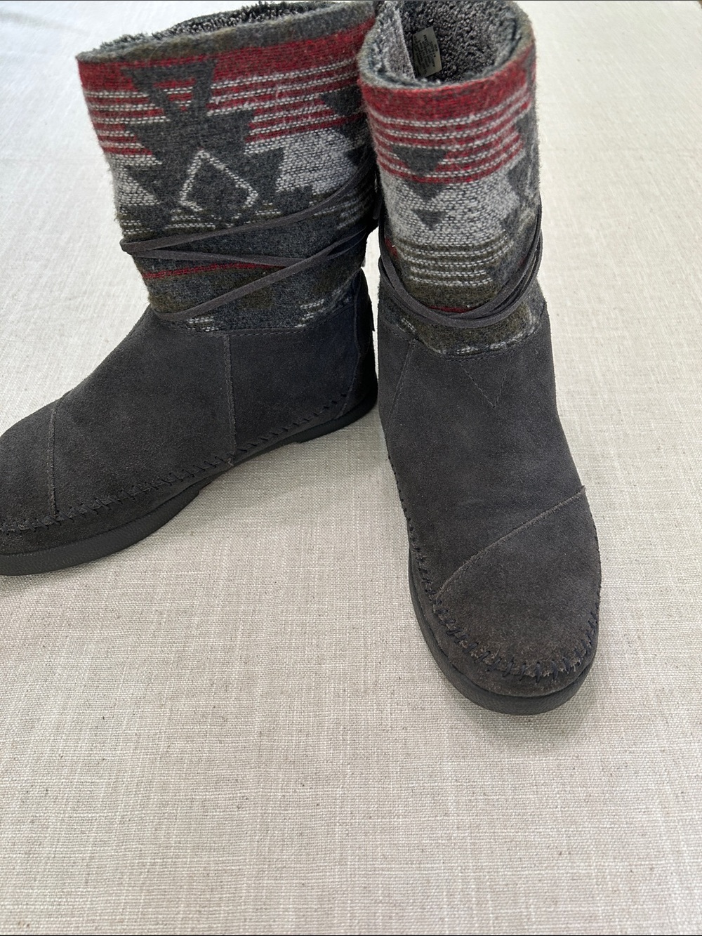 Toms Nepal Boots Grey Suede Red Aztec Knit Winter Women's Size 8 Warm Comfy - Picture 14 of 14